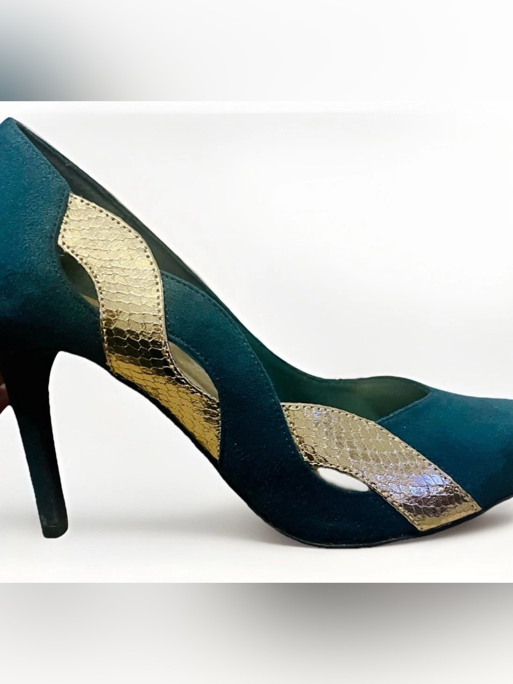 FIONI Teal Suede Pump with Gold Snake-Embossed Detail
